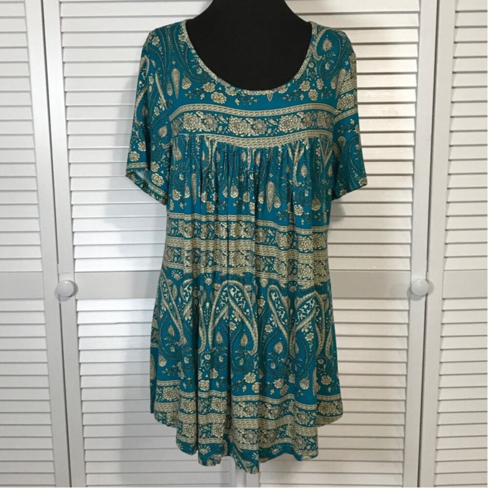 JuneFish Bohemian Floral Paisley Pleated Front Tunic Blouse Women 2XL